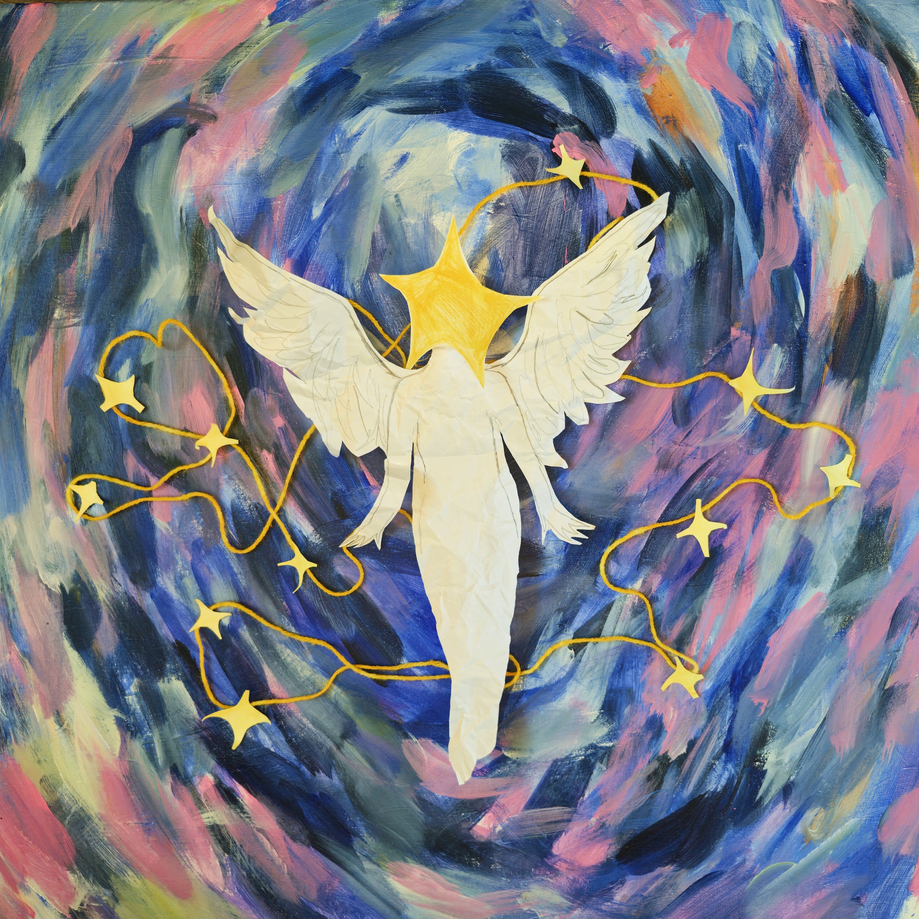 Painting of a winged figure with a star on a colorful abstract background